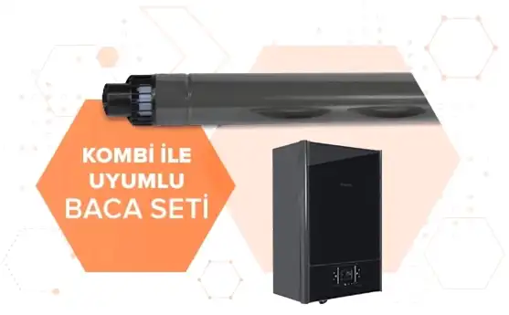 Görselde baca seti ve siyah kombi yan yana duruyor. Sağ üstte turuncu kutucukta “Kombi ile Uyumlu Baca Seti” yazısı bulunuyor.