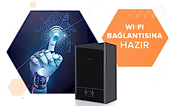 Dijital bir elin ekrana dokunduğu grafik görülüyor. Sağda siyah kombi ve turuncu kutuda “Wi‑Fi Bağlantısına Hazır” yazıyor.