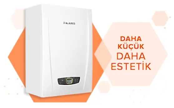 Görselde, beyaz, şık dijital ekranlı ALARKO kombi yer alıyor. Sağda, “DAHA KÜÇÜK DAHA ESTETİK” yazısı bulunuyor.