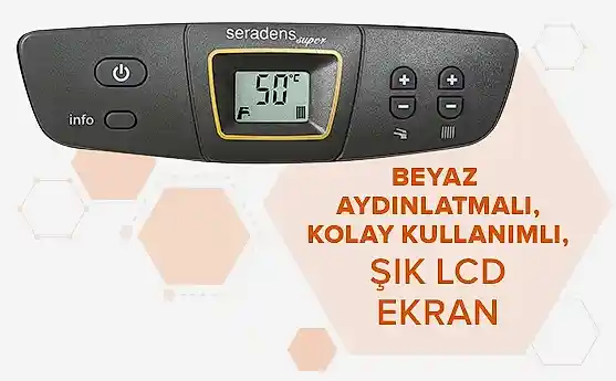 Görselde, LCD ekranlı ve dijital göstergeli ekran; sağda, “BEYAZ AYDINLATMALI, KOLAY KULLANIMLI, ŞIK LCD EKRAN” yazısı bulunuyor.