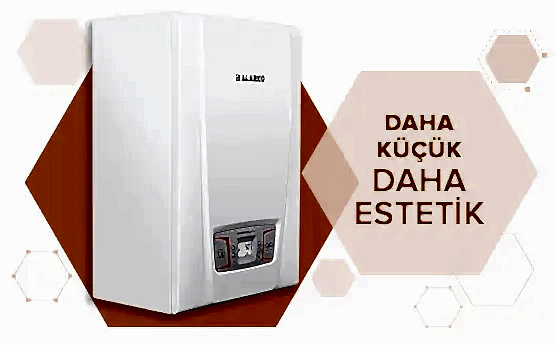 Görselde beyaz ve şık bir ALARKO kombi var. Sağda “DAHA KÜÇÜK DAHA ESTETİK” ifadesi yer alıyor.