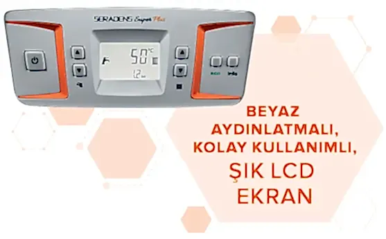 Solda 50°C gösteren kombi LCD ekranı var, sağda “Beyaz aydınlatmalı, kolay kullanımlı, şık LCD ekran” yazıyor.