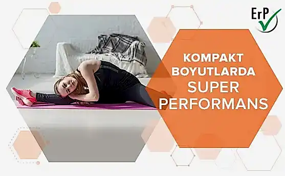 “Kompakt boyutlarda süper performans” yazısı ile birlikte, spor yapan kadın yerde esneme hareketi yapıyor.