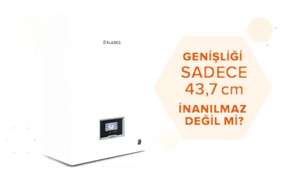 Görselde, 43,7 cm genişliğinde, modern tasarımlı, dijital ekranlı ve teknik detaylar içeren kombi gösteriliyor. 