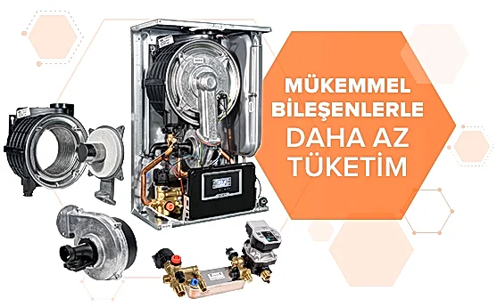 Görselde, içi açık bir kombi cihazı gövdesi ve detaylı parçalar yer alıyor.