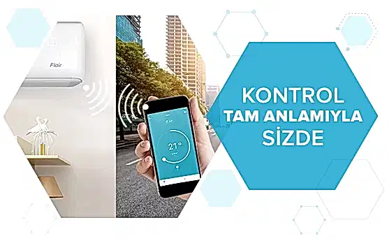 Telefonla uzaktan, akıllı kontrol, bina ve sokak manzarasıyla hava durumu gösteriliyor.