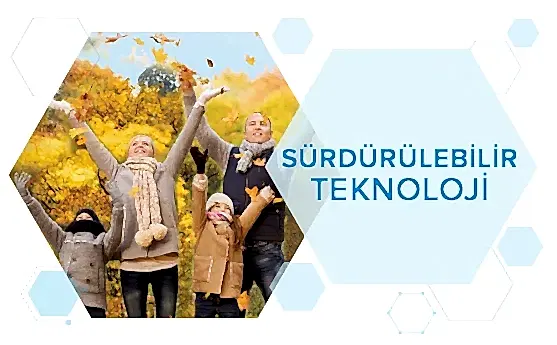 Dört kişi, sonbahar yapraklarıyla birlikte, mutlu ve enerjik, açık hava doğa ortamında, sürdürülebilir teknoloji vurgusu yapıyor.
