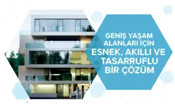 Modern cam bina, yeşil alanlar ve büyük pencerelerle geniş yaşam, esnek ve tasarruflu çözüm.