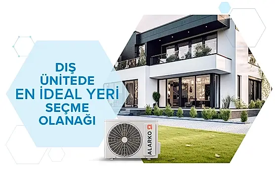 Dış ünite, modern bir evin önünde, geniş bahçe ve büyük pencerelerle, ideal yer seçimi sağlar, enerji verimliliği sunar.