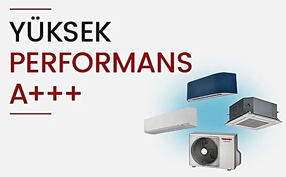 Yüksek verimli Toshiba klima dış ünitesi, farklı model duvar ve tavan iç üniteleriyle birlikte gösterilir.