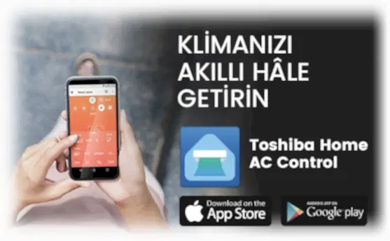 Kullanıcı, telefonla akıllı klima kontrolü yapıyor, uygulama ekranında sıcaklık ve mod ayarlarını görüyor.