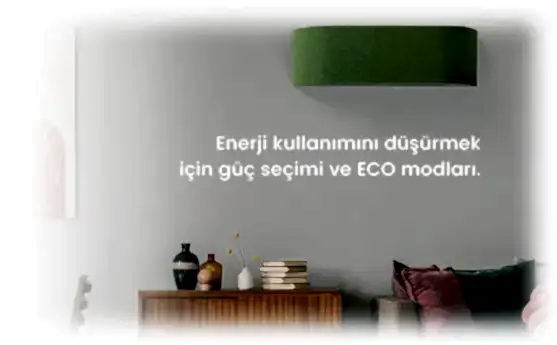 Güç ve Eco modlarıyla enerji tasarrufu sağlayan, modern oda dekorunda göze hoş gelen hava teknolojisi.